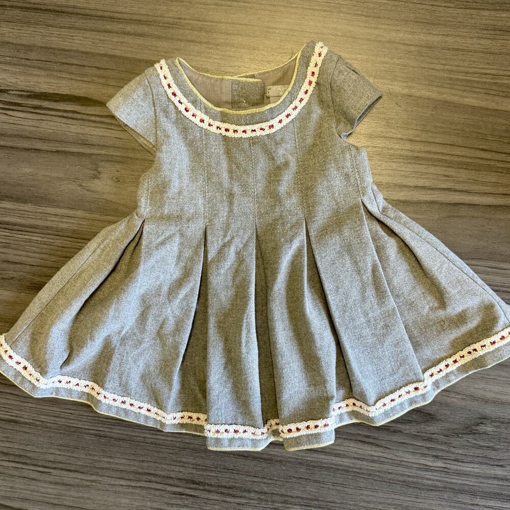 Tahrai Baby 3-6 Months Grey‎ Pleated Dress - Cotton Blend - Button Back - Girls